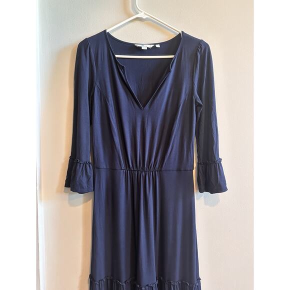 Boden Maxi Dress Size 2 Navy Blue Bell Sleeve V Neck Jersey Knit Tiered Ruffle - Picture 1 of 14